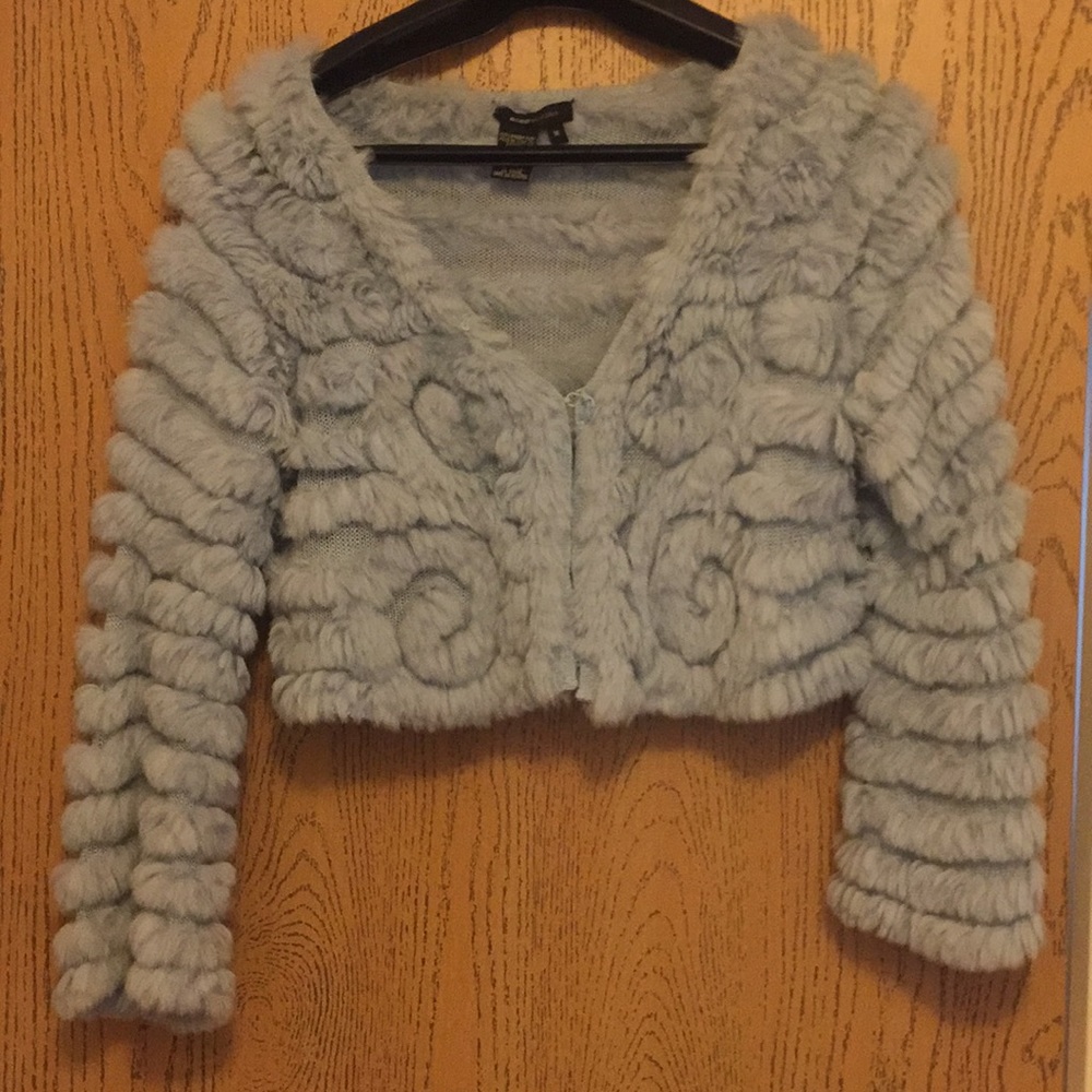 Sky Blue BCBG fur crop jacket.